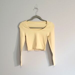 OQQ Womens Longsleeve Crop Top Round Neck Fitted Beige Large NEW
